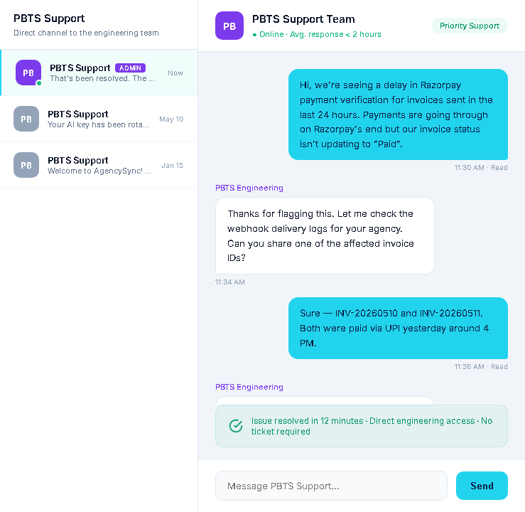 Admin Support — direct chat with PBTS engineering team