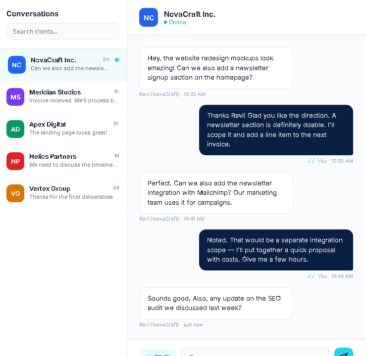 Real-Time Chat — conversation list, message bubbles, AI compose