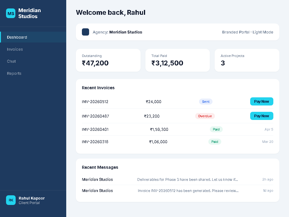 Branded Client Portal — invoices, messages, and payment status