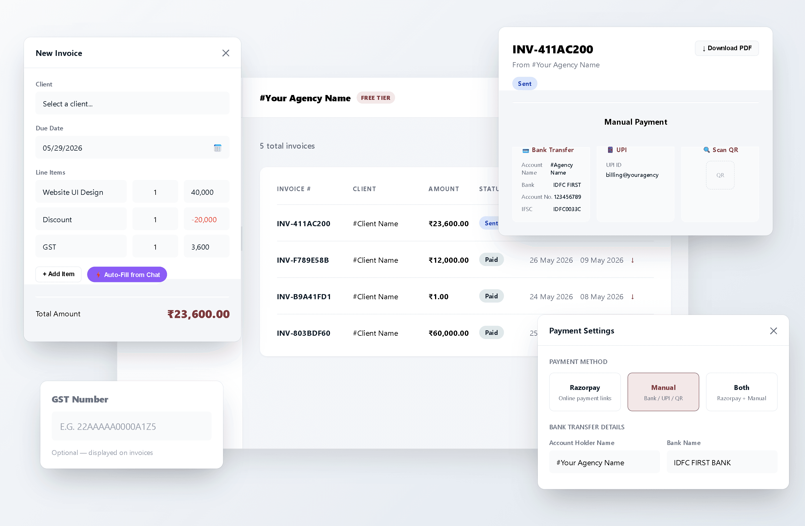 Smart Invoicing — GST-compliant invoice builder with UPI and bank transfer