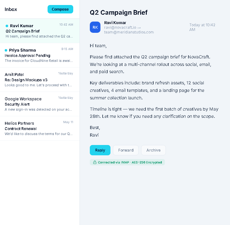 Integrated Webmail — inbox, email reader, IMAP encrypted connection